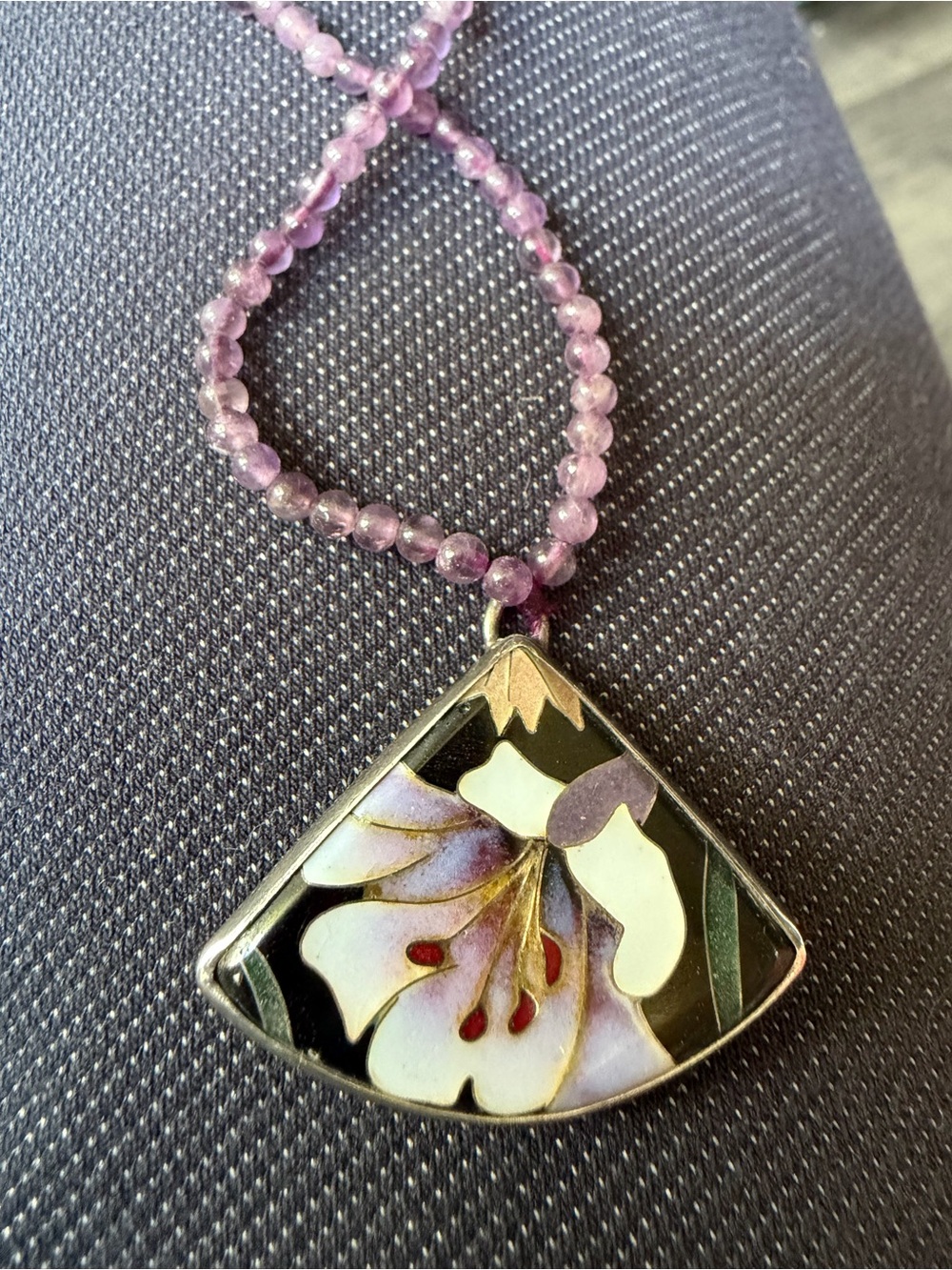 Amethyst 16” Necklace With 1/4 Circle Sterling And Enamel Floral Pendant